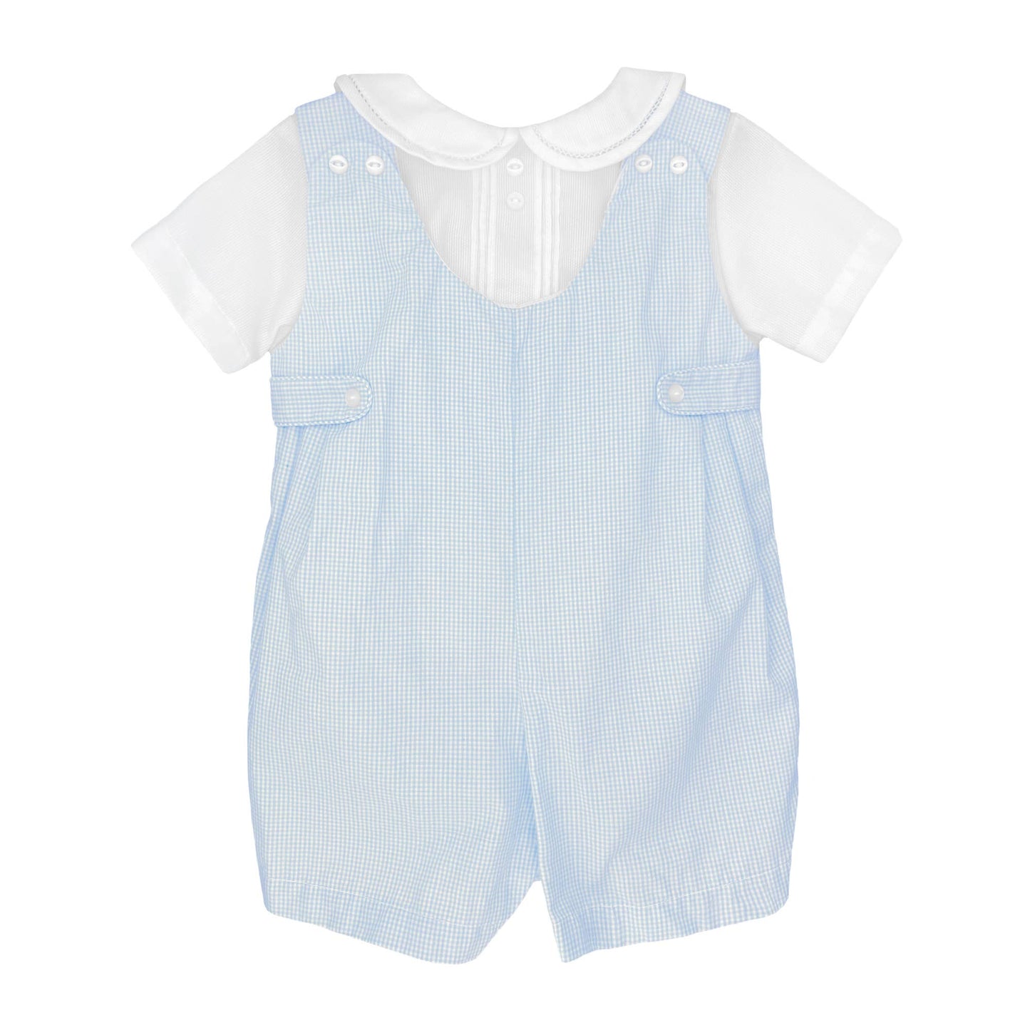 Blue romper with short sleeve white shirt underneath (attached). Shirt has collar and buttons with pin striping. Romper has side buttons.