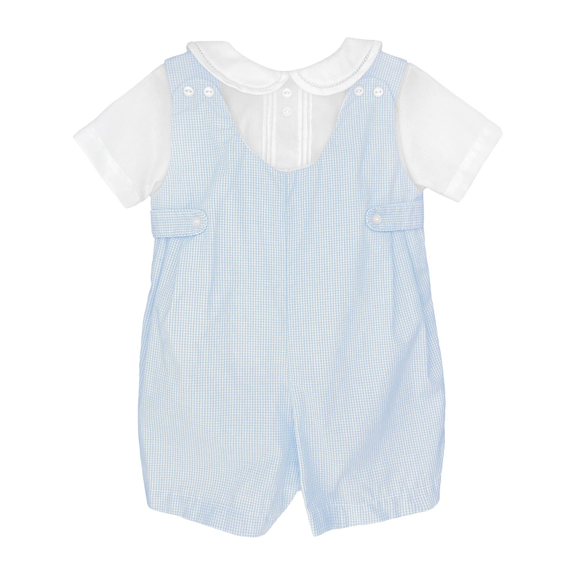 Blue romper with short sleeve white shirt underneath (attached). Shirt has collar and buttons with pin striping. Romper has side buttons.