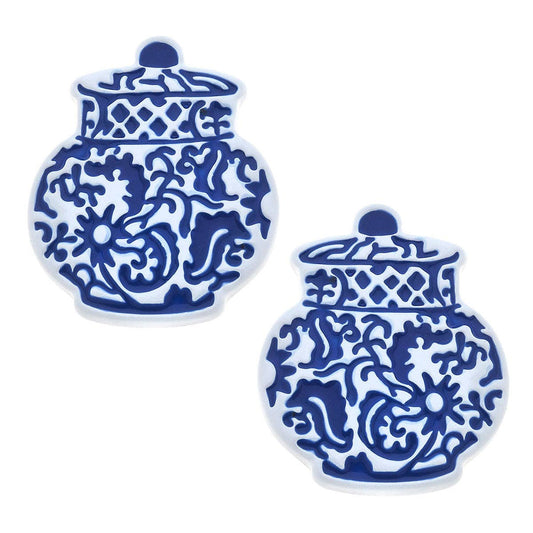 Courtney Enamel Chinoiserie Ginger Jar Stud Earrings in Blue & White