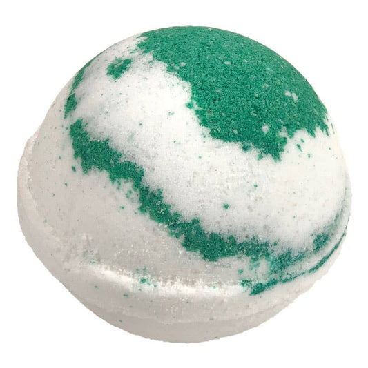 Lavender Bath Bombs feature a smooth, white surface with vibrant green patches in a globe-like pattern. These bath bombs release a captivating lavender fragrance that enhances your bath experience. Single-item product, not available in sets or paired with other items. Available sizes may vary.