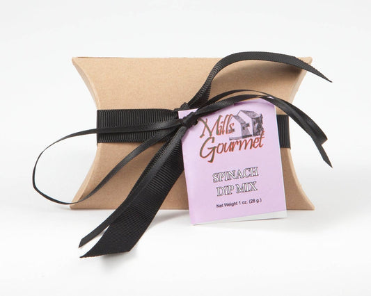 Small brown gift box with black ribbon, labeled “Spinach Dip Mix Case, Net Weight 1 oz. (28 g).” Only size: 1 oz.