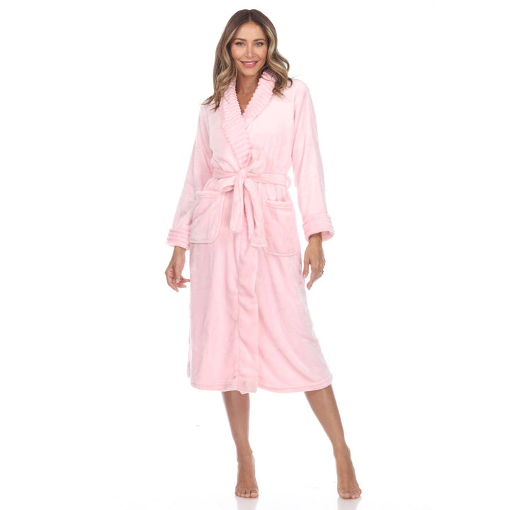 Super Soft Lounge Robe in 02-PINK with ruffled collar, waist tie; available in sizes L/XL.