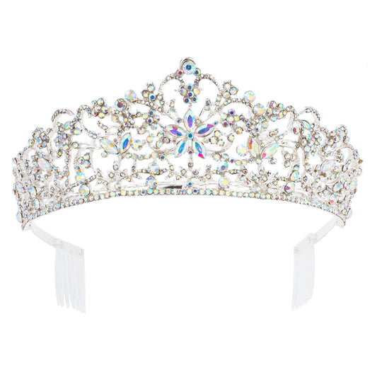 Rhinestone Handmade Casting Tiara Silver-AB with multicolored rhinestones, ornate swirls, floral details, two white combs. Sizes: S/M/L.
