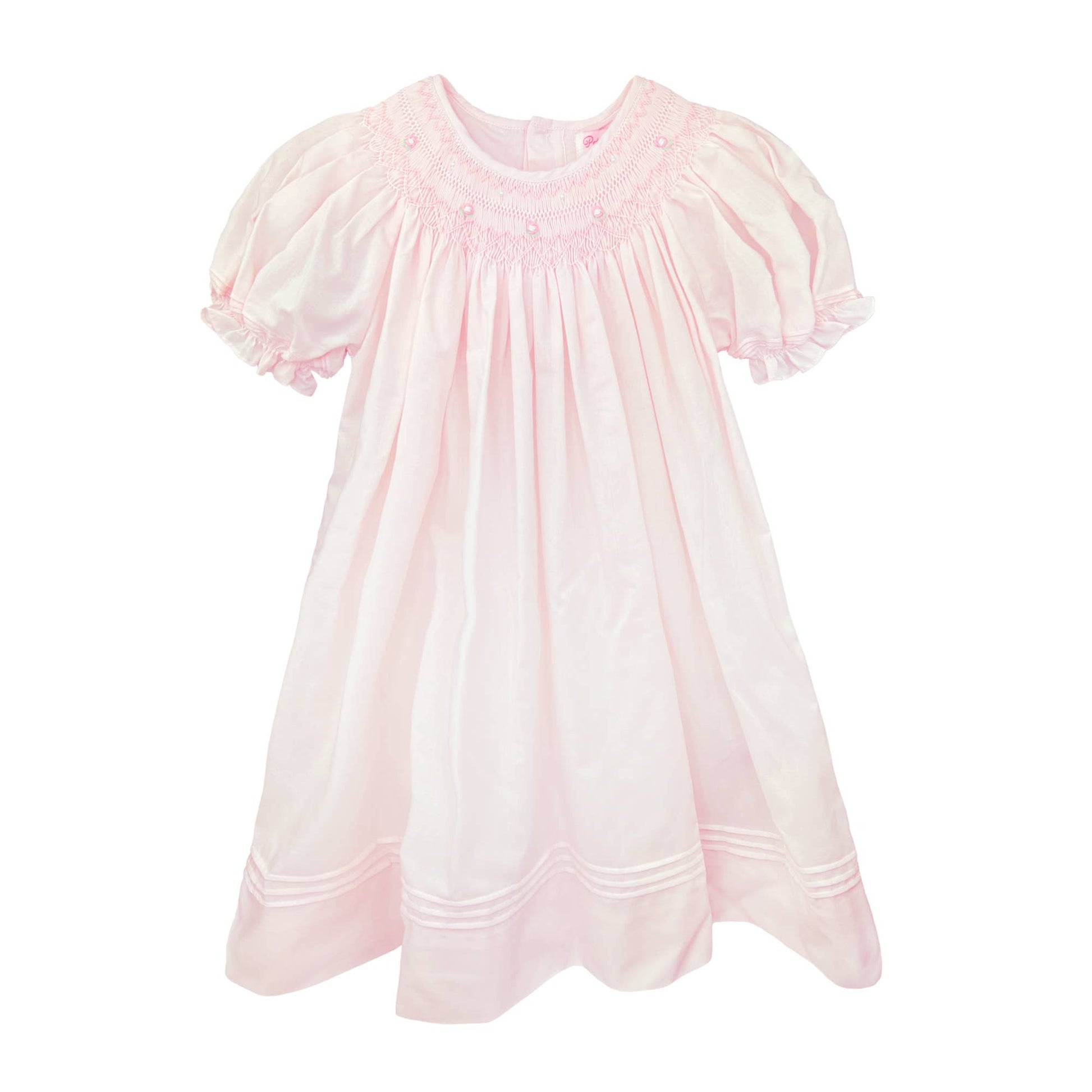 Pink daygown with heart smocking and pearls