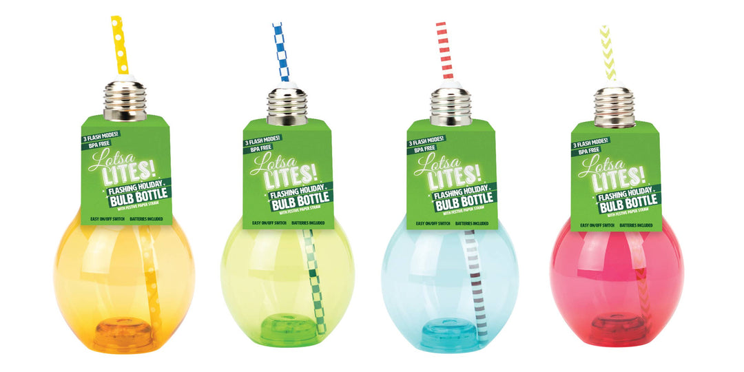 Four Lotsa Lites! Flashing Holiday Beverage Bulbs in yellow, green, blue, and pink, each with a patterned paper straw, screw-top lid, and green label.
