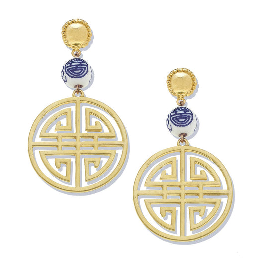 Gold and white medallion dangle earrings with blue-and-white porcelain beads. Sizes: small, medium, large.