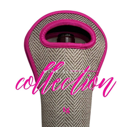 Beige and brown herringbone neoprene wine sleeve with pink trim, "Collection" in pink script. Sizes available: standard.