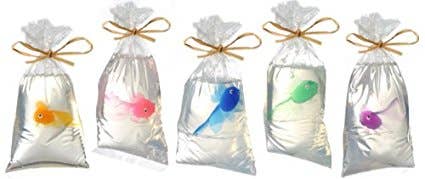 The product is a set of five My Pet Fish® soaps. Each soap is a different color, encased in a translucent bag and tied with a golden ribbon. The available size for each soap is standard.