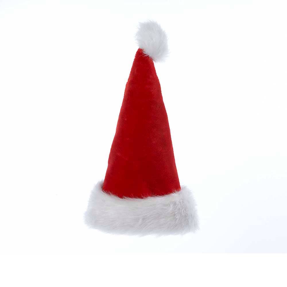 17″ plush Santa hat in red with a white rabbit fur cuff and pom pom.