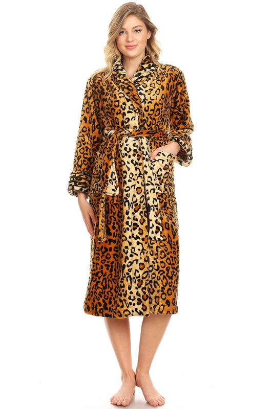 Super Soft Plus Size Lounge Robe, 05-BROWN CHEETAH; plush, belted, leopard print; sizes: 2XL/3XL.