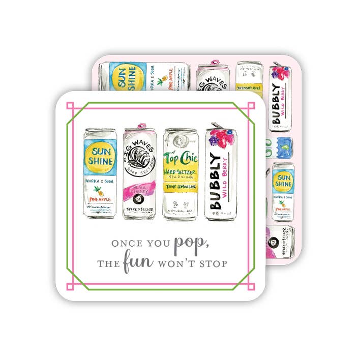 Paper coaster with colorful can illustrations, playful text, pink-green reversible border; available in 4" and 6" sizes.