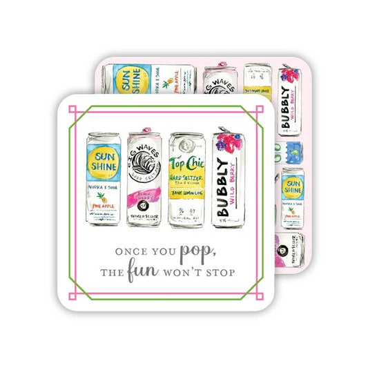 Paper coaster with colorful can illustrations, playful text, pink-green reversible border; available in 4" and 6" sizes.