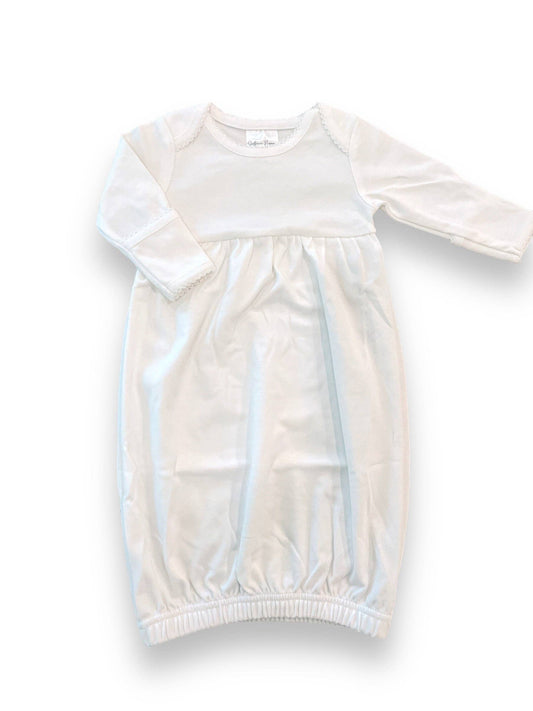 A white Picot Trimmed Baby Sleeping Gown with long sleeves, a soft texture, and delicate picot trim, displayed on a plain white background.