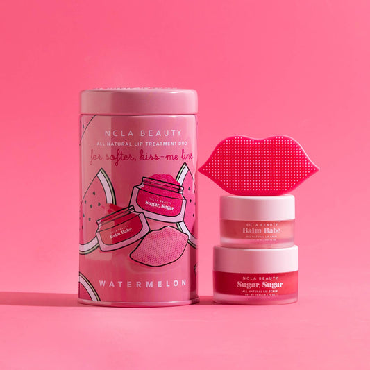 Pink tin "Watermelon Lip Care Set + Lip Scrubber," includes lip-shaped scrubber and two vegan jars; sizes: standard only.