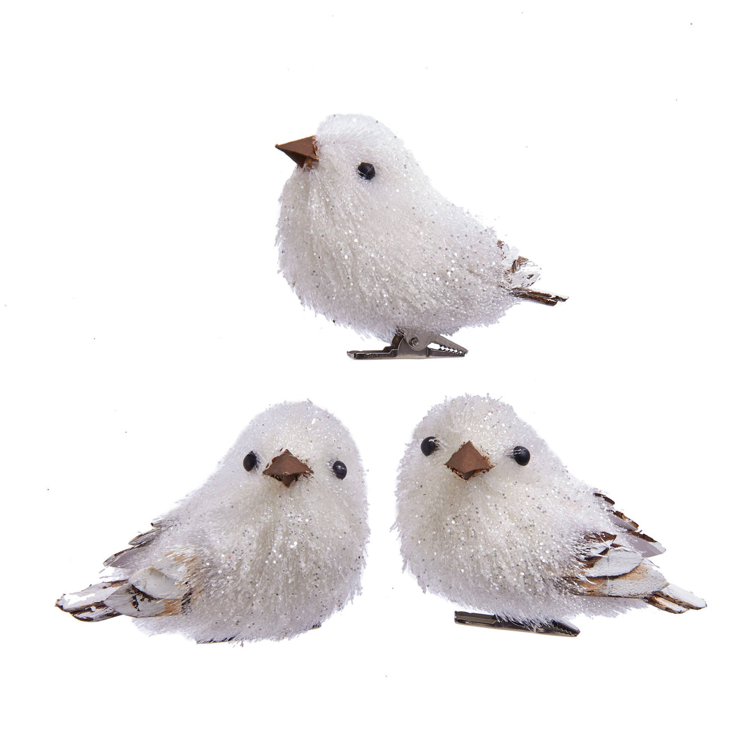 Three White Tinsel Bird clip-on ornaments with glittery bodies.