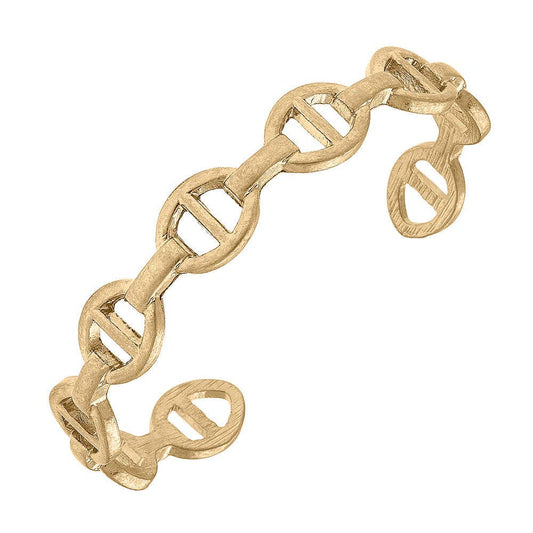 Worn gold Giana Mariner Chain Link Bangle with DNA-like interlocking links, open-ended base; available in S, M, L.