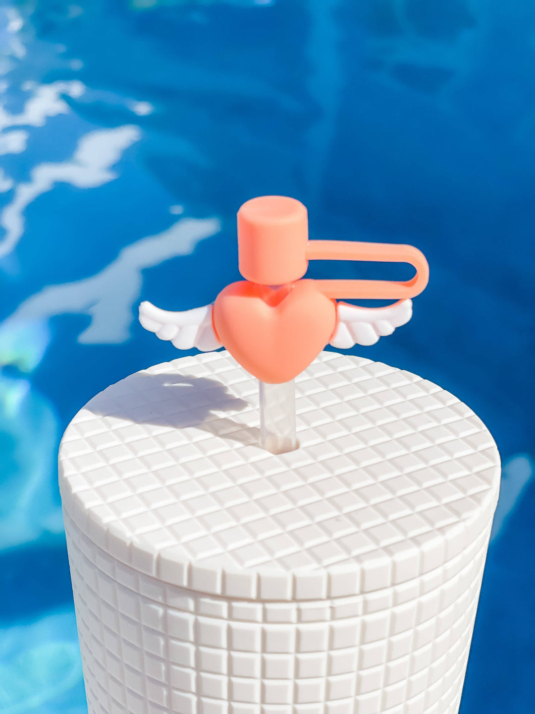 Heart Wings" Straw Cover: pink heart with white wings, fits standard straws; available in small and large sizes.