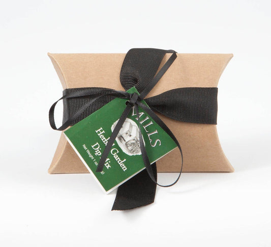 Small brown gift box with black ribbon and green tag labeled Herbal Garden Dip Mix Case. Sizes available: not specified.