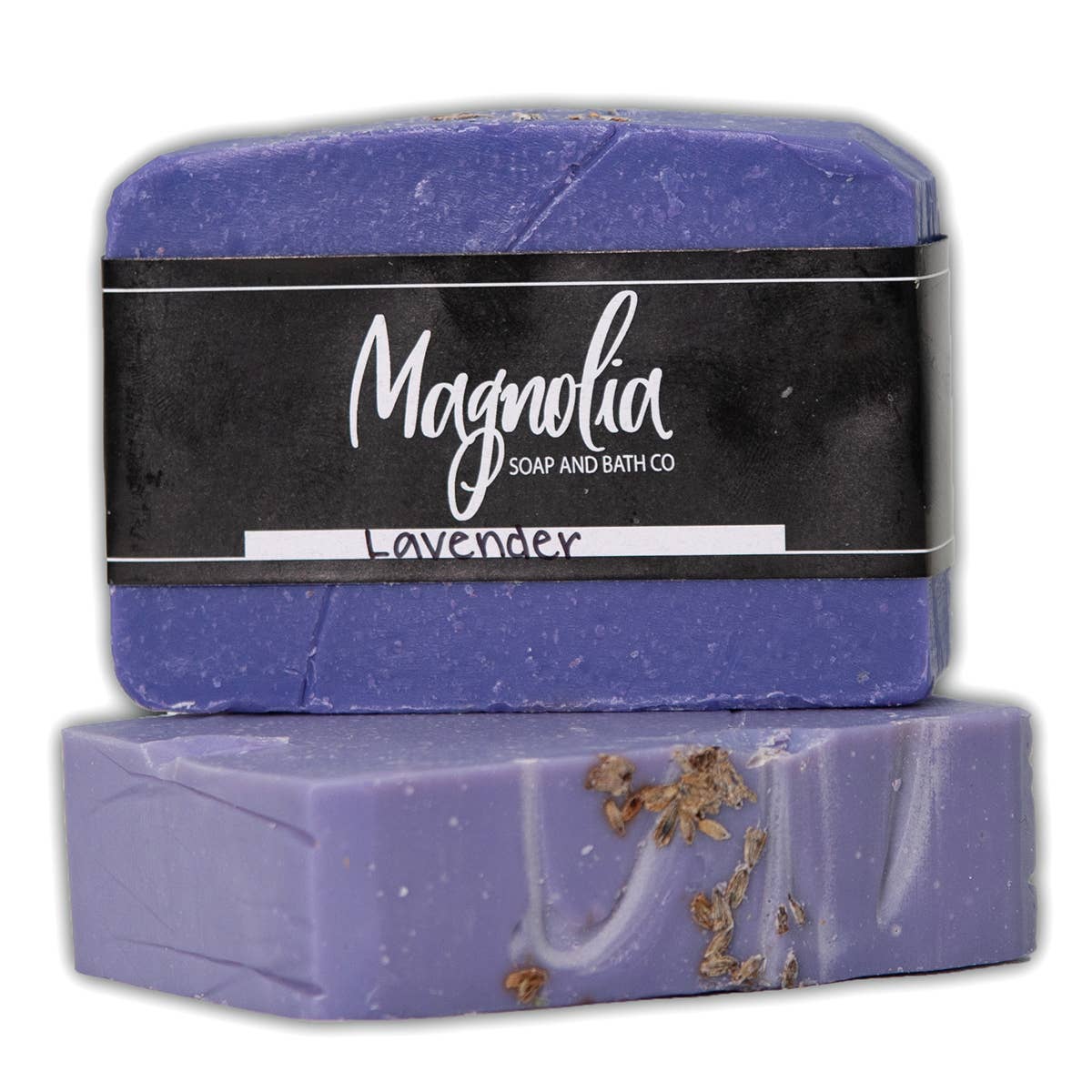 The product is two bars of Lavender Soap from Magnolia Soap and Bath Co. The top bar is distinctly labeled. They are purple in color and contain small specks of actual lavender.