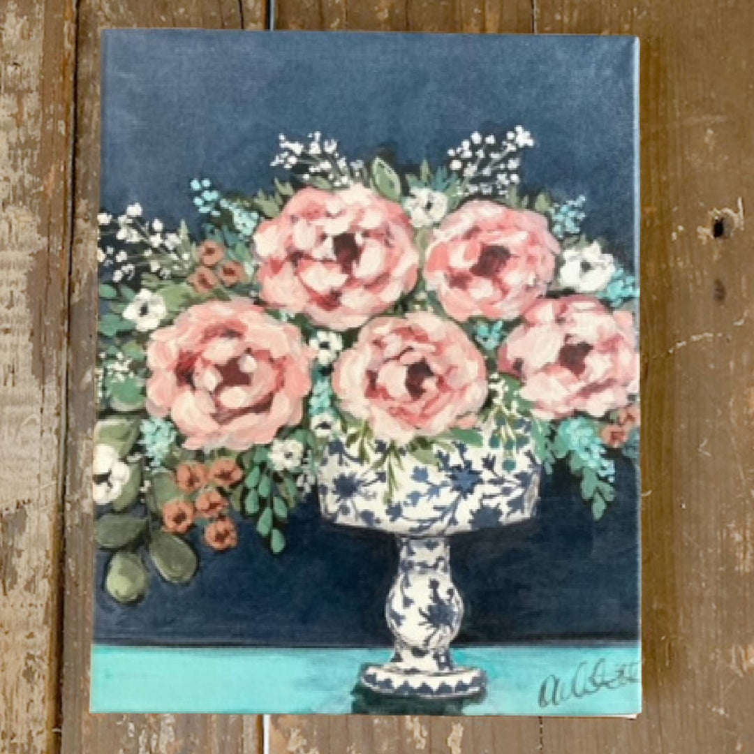 Spring Floral canvas art print with vintage blue and white vase and pink flowers. Available in multiple sizes.