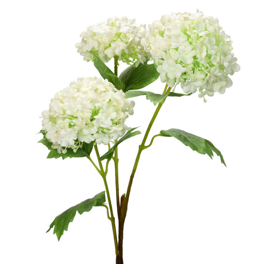 This product is a single 33" Viburnum Spray, showcasing three lush white blooms surrounded by vibrant green leaves on one stem. The spray is presented against a clean white background for accentuation. Available in one size only.