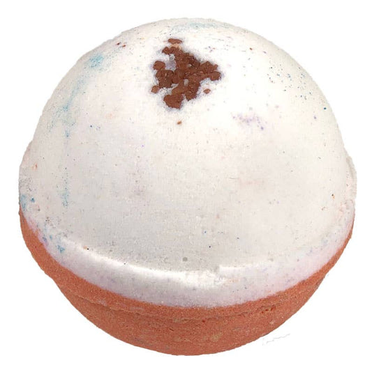 A vibrant Oatmeal Milk & Honey Bath Bomb with a contrasting design of a white top and pink bottom. It's embellished with smatterings of blue and brown highlights, making it visually appealing. The bomb is further enhanced with a center filled with petite specks of oatmeal milk & honey. Available in one universal size suitable for all types of baths.