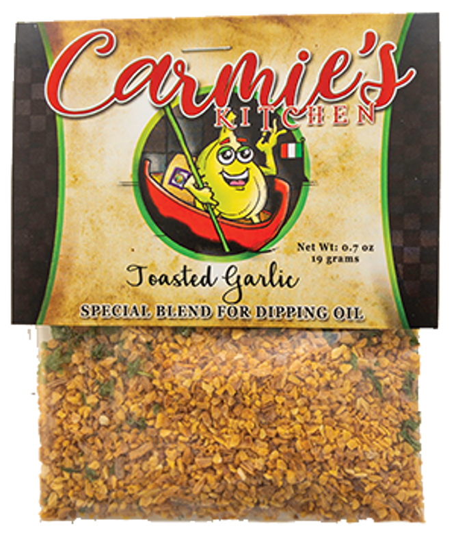 0.7 oz (19g) clear pouch of Toasted Garlic Dipping Oil Seasoning with cartoon garlic on label; for Italian dip or appetizer mix.