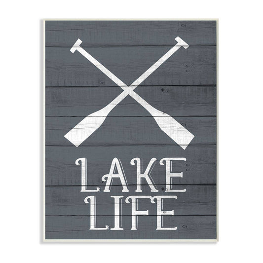 Plaque with two white crossed oars above "Lake Life." Made in USA. Sizes available: 7"x18", 10"x24", 12"x32".
