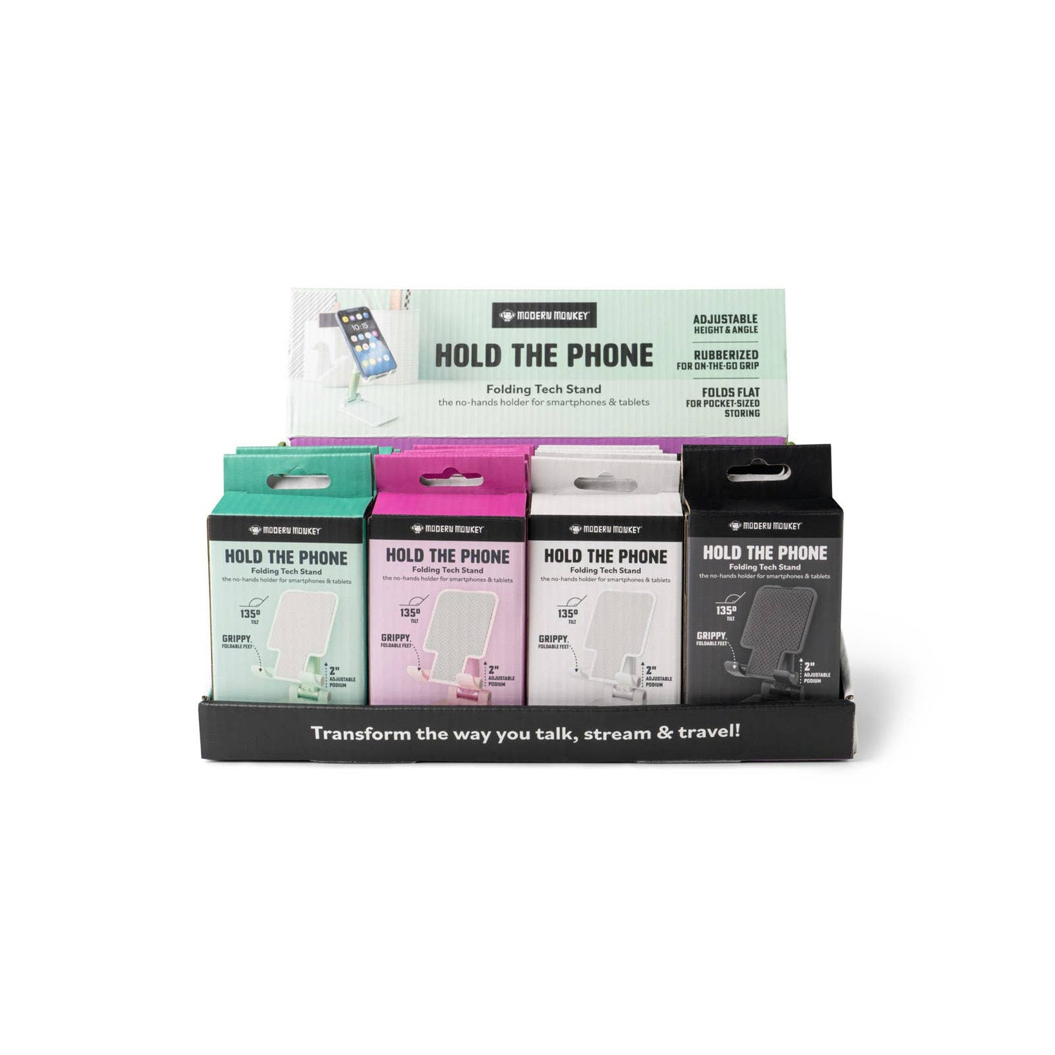 Modern Monkey Hold The Phone Folding Tech Stand in green, pink, white, black; fits phones/tablets; available in multiple sizes.