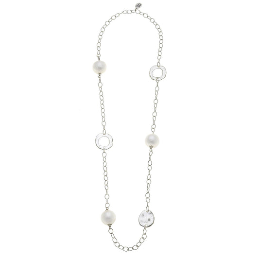 Silver Circle + Cotton Pearl Chain Necklace