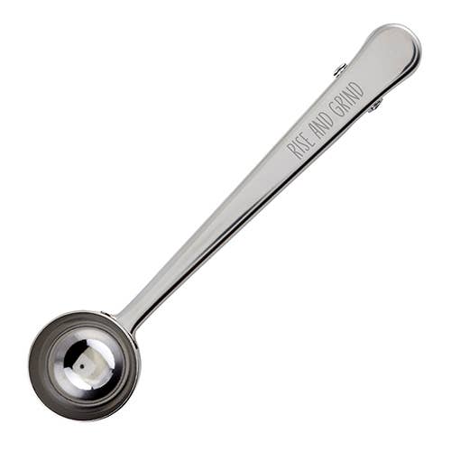 Stainless steel coffee scoop with "RISE AND GRIND" engraved on handle. Available sizes: 1 tbsp, 2 tbsp.