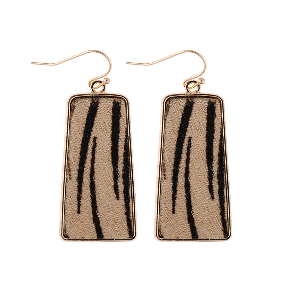 This pair of rectangular, gold-framed drop earrings features an appealing animal-printed leather bar pattern. The earrings are complemented by a secure fish hook design. Offered in one standard size suitable for all. Each earring dangles elegantly on a white background, adding allure to the accessory.