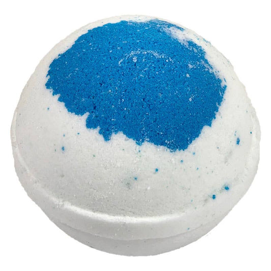 A Spearmint Rosemary Bath Bomb marked by a striking blue patch on its predominantly white body, speckled with flecks of genuine spearmint leaves. Currently available in one-size fits all.