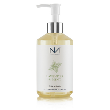 11 fl oz (325 ml) clear pump bottle of Lavender & Mint Shampoo with mint leaf graphic, silver pump, and "NM" on label.