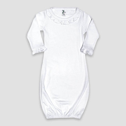 White long sleeve sleeping gown with elastic opening at bottom and ruffles on sleeves and neckline.