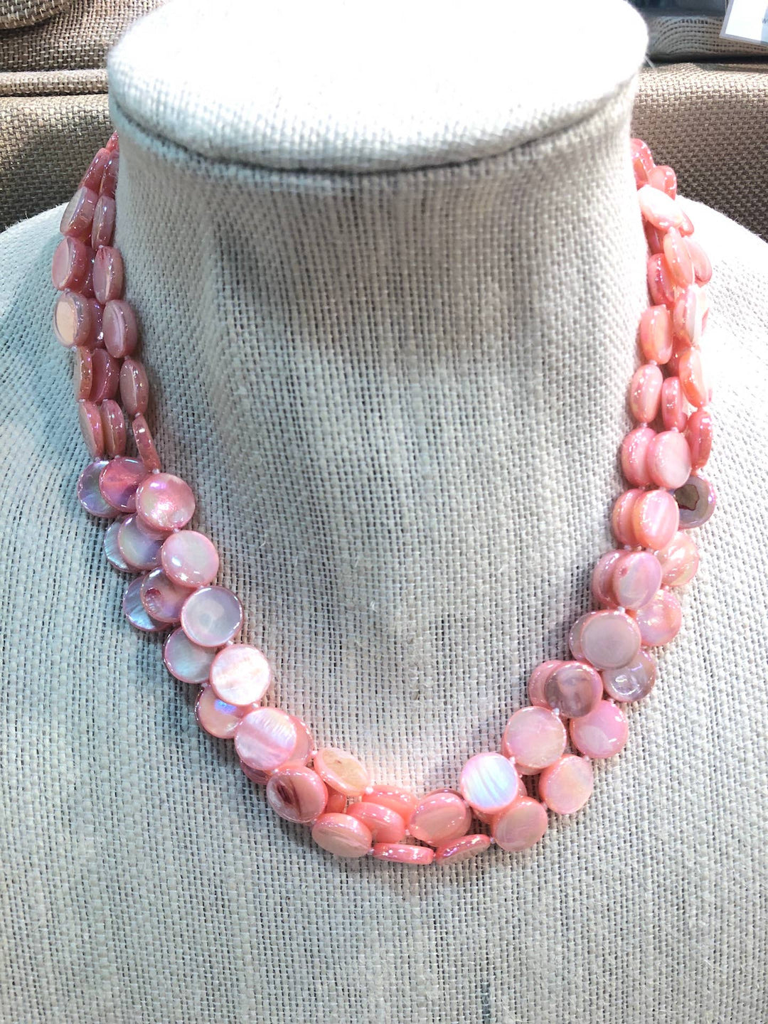 Mother of Pearl 3 Strand Necklace with magnet clasp features glossy pink beads. Available in 16", 18", and 20" lengths.