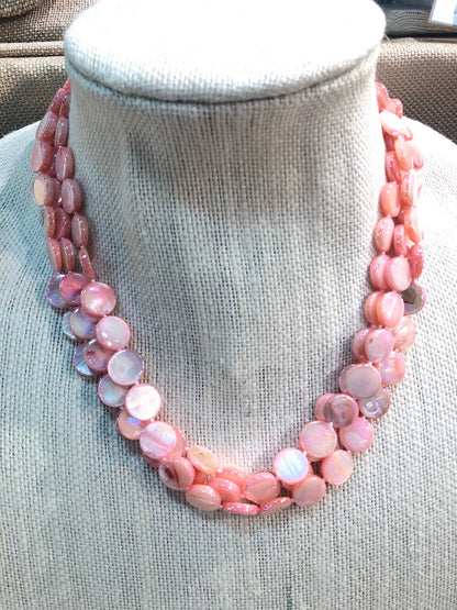 Mother of Pearl 3 Strand Necklace with magnet clasp features glossy pink beads. Available in 16", 18", and 20" lengths.