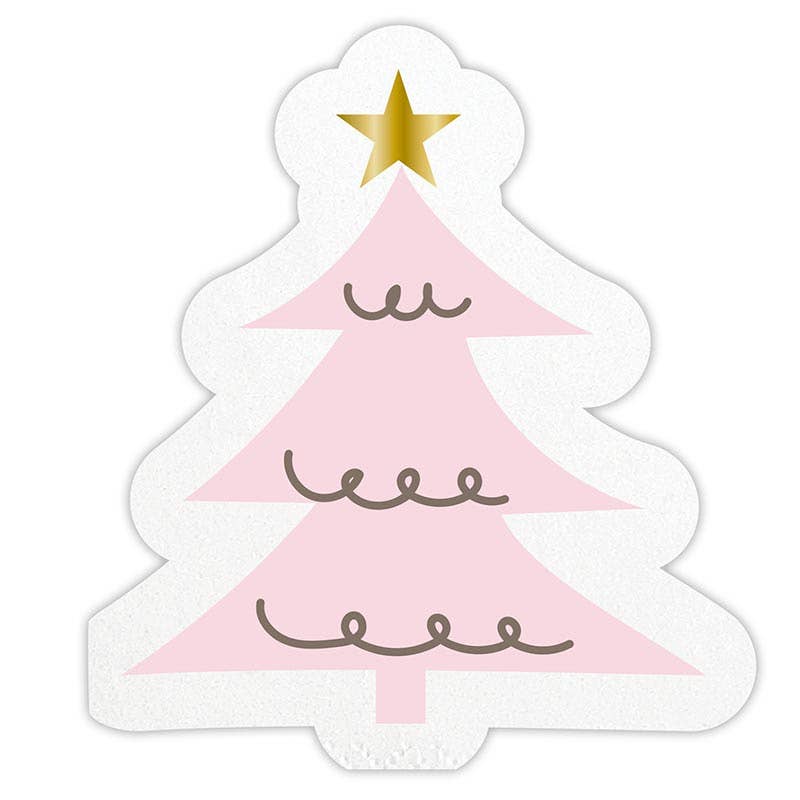 Cocktail Napkin - Holiday Tree, pink Christmas tree shape with a gold star topper and brown squiggly line decorations.