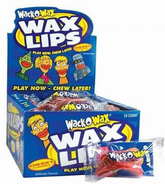 Blue box of Nostalgic Red Wax Lips, cherry flavor, individually wrapped. Packaging: "Play Now, Chew Later! Cherry." Sizes not shown.