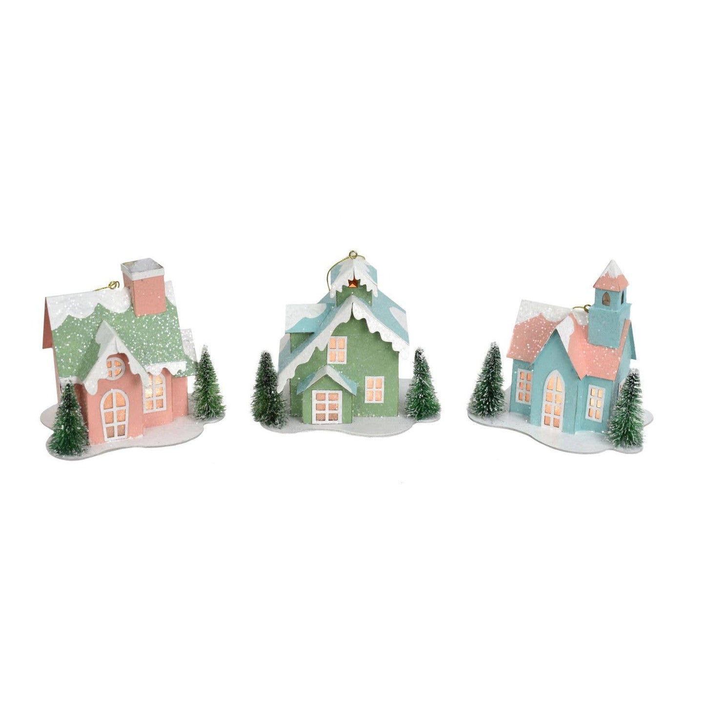 4.5" Snow Pine Village Vintage Style Light Up House Ornament 3 Asst. - PK/BL