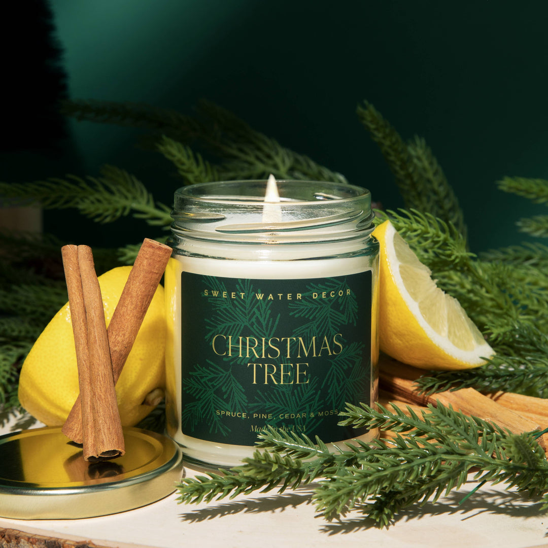 Christmas 9 oz soy candle in a clear glass jar.