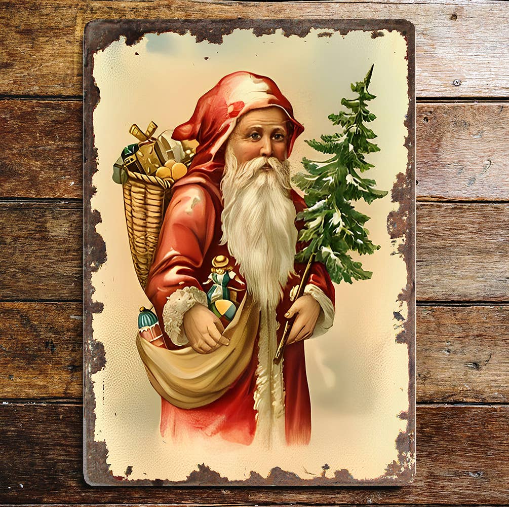 Vintage Santa Tree  Christmas Metal Vintage Wall Sign