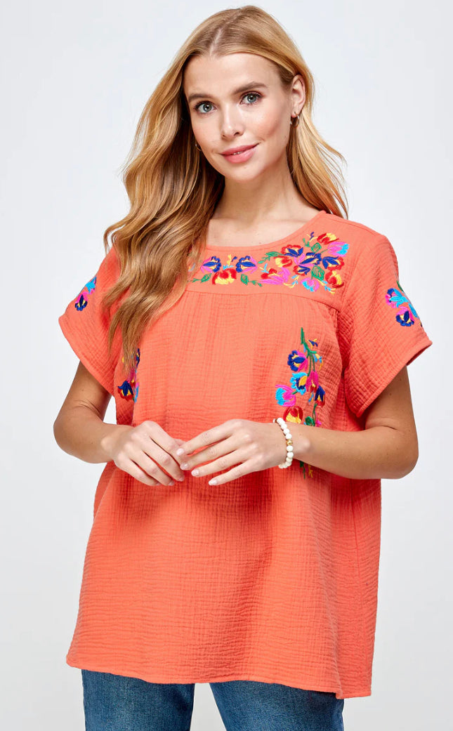 Floral Embroidery Short Sleeve Top