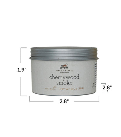 Finch + Fennel Cherrywood Smoked Season Salt in a 2 oz (56g), 2.8" wide, 1.9" tall round tin.