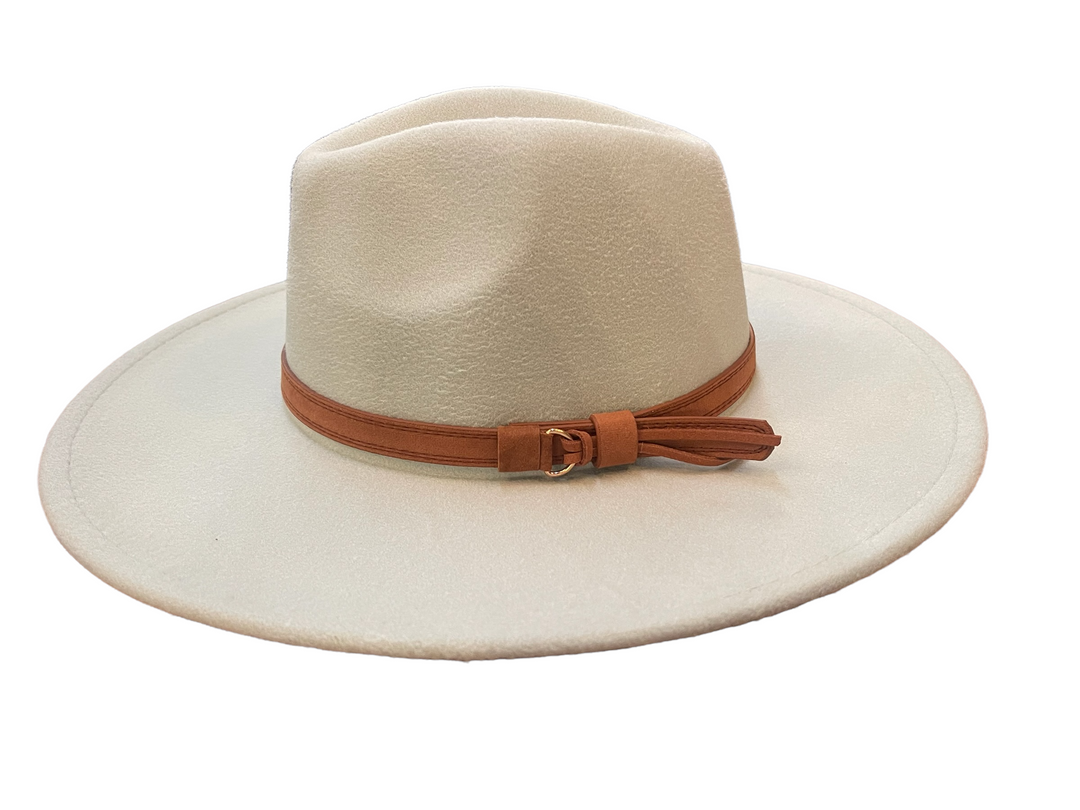 Cream wide-brim fedora wool hat, brown leather band with buckle and tassel, adjustable fit. Available in S, M, L.