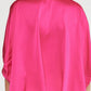 Bright pink Satin V Neck Plus Top with elbow-length sleeves and front placket detail. Available in plus sizes.