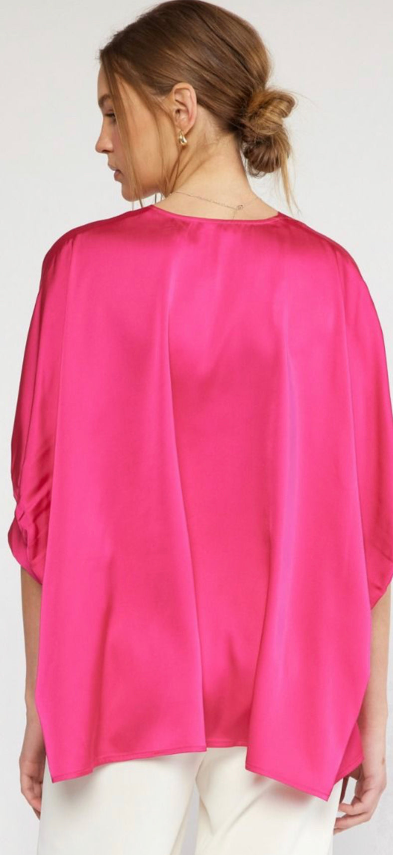 Bright pink Satin V Neck Plus Top with elbow-length sleeves and front placket detail. Available in plus sizes.