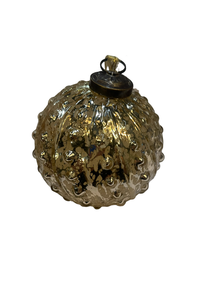 Textured gold-toned glass ornament ball with a dark metal cap.