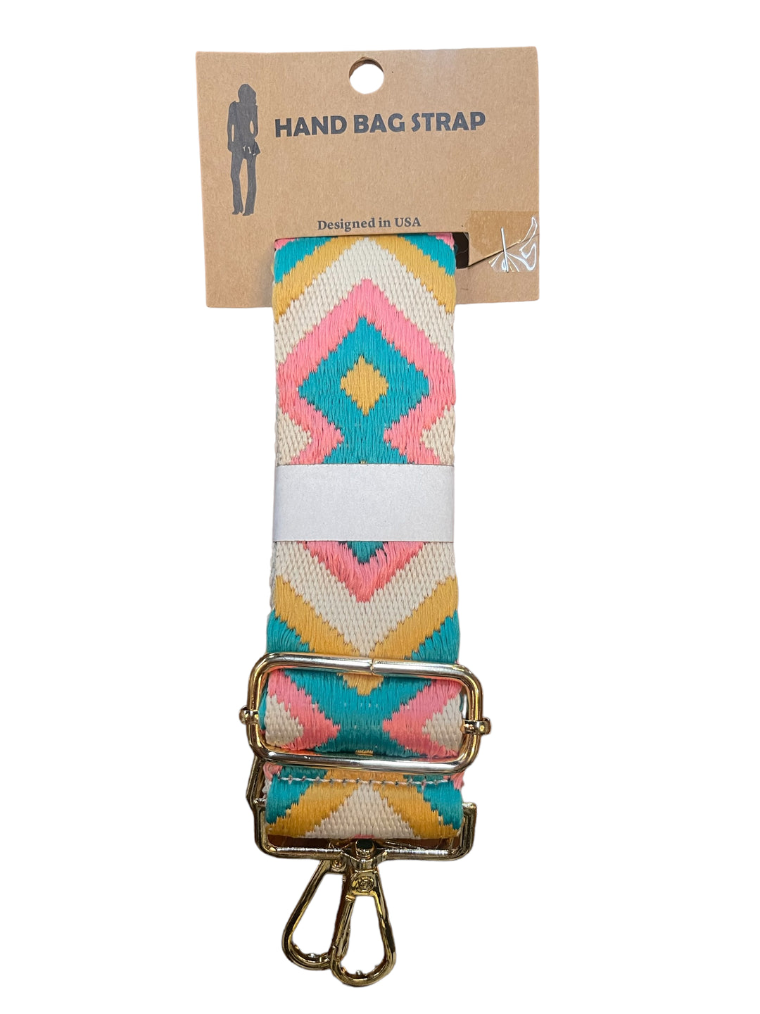 Colorful geometric woven handbag strap with pink, teal, yellow, white patterns and gold hardware. Sizes: S, M, L.