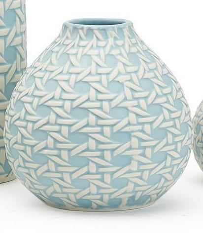 Round, light blue ceramic vase with white geometric interlocking pattern. Sizes available: small, medium, large.